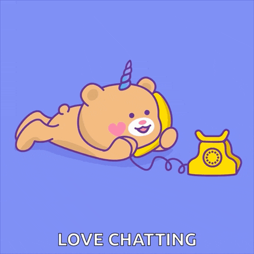 a teddy bear with a unicorn horn is talking on a yellow telephone with the words love chatting below it