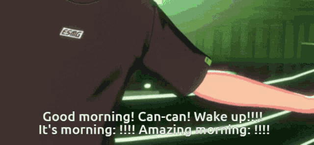 a cartoon character says good morning can-can wake up it 's morning