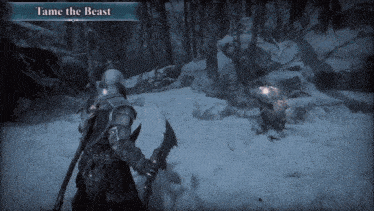 a video game called tame the beast shows a man holding a sword in the snow