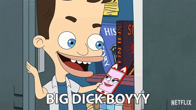 a cartoon of a man holding a cell phone that says big dick boyyy on it