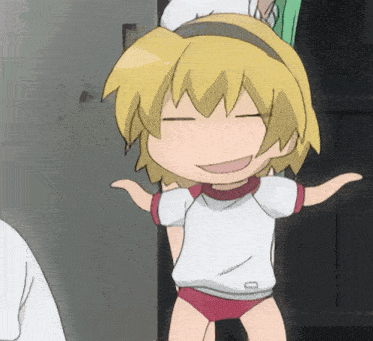 a cartoon character with blonde hair and red shorts is smiling
