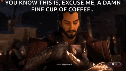 a man is sitting at a table with a cup of coffee and a card in his hand .
