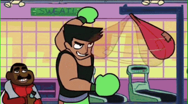 a cartoon of a man wearing green boxing gloves in front of a sign that says sweat