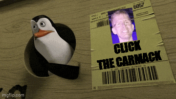 a picture of a penguin next to a flyer that says click the carmack