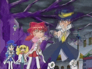 a group of cartoon characters are standing in front of a purple tree