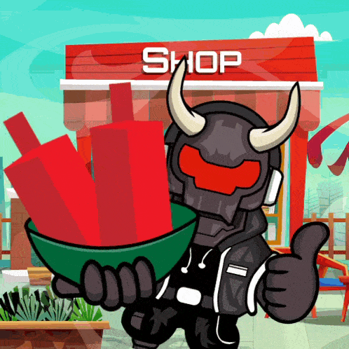 a cartoon character giving a thumbs up in front of the shop