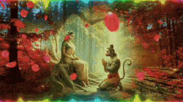 a painting of a monkey kneeling down in front of a woman in a forest