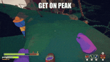 a screenshot of a video game with the words get on peak
