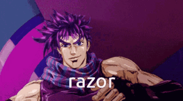 a man with purple hair and a scarf around his neck says razor