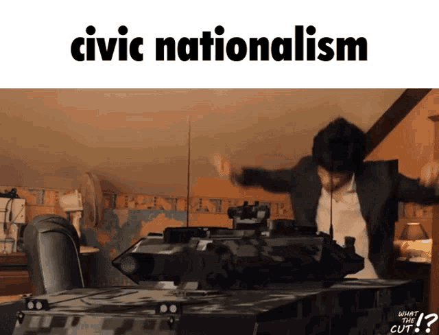 a man in a suit is dancing in front of a tank that says civic nationalism on it