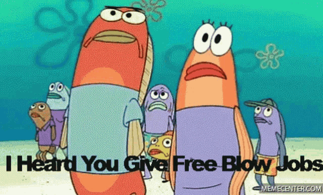 a group of cartoon characters standing on a beach with the words i heard you give free blow jobs