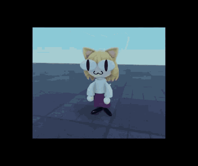 a cartoon character with a cat ear is standing on a blue tiled floor