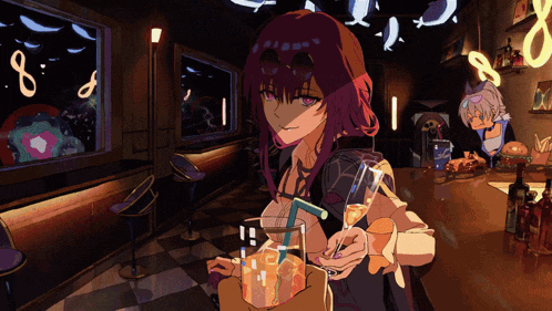 a cartoon drawing of a woman holding a drink and a straw with the number 8 on it