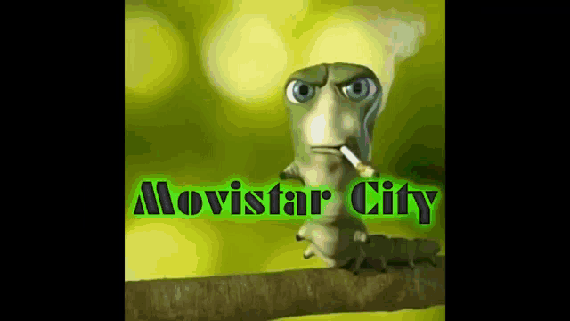 a cartoon caterpillar is smoking a cigarette with the words movistar city behind him