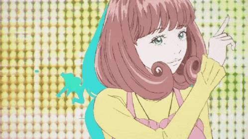 a girl with pink hair and green eyes holds her finger to her lips