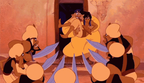 a group of cartoon characters are standing around a man carrying a woman
