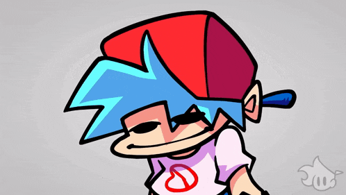 a cartoon drawing of a boy with blue hair and a hat