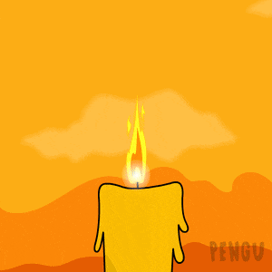 a cartoon of a penguin holding a candle in front of a crucifix