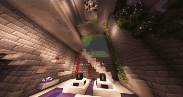 a screenshot of a minecraft game shows a pool and stairs