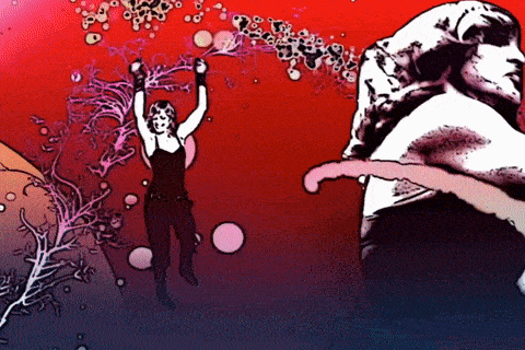 a drawing of a woman with her arms up
