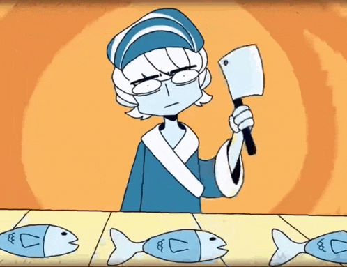 a cartoon character is holding a large knife in front of a table with fish on it .