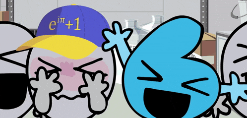 a group of cartoon characters with one wearing a hat that says e ' i ' + 1