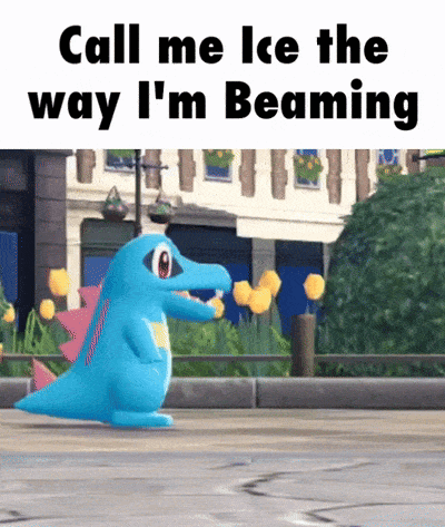 a picture of a blue dinosaur with the words call me ice the way i 'm beaming on it