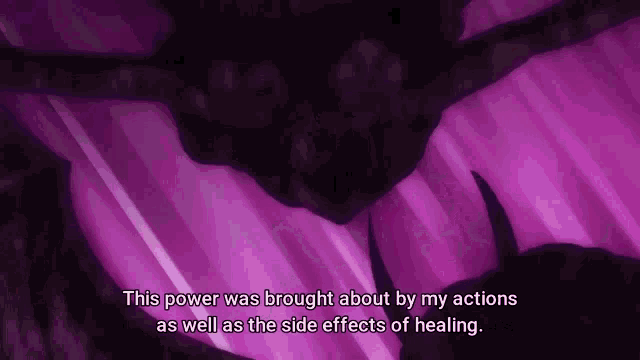 a purple background with a quote that says " this power was brought about by my actions as well as the side effects of healing "