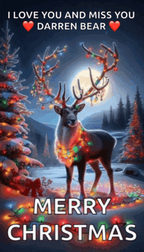 a reindeer with christmas lights on its antlers is standing in front of a christmas tree