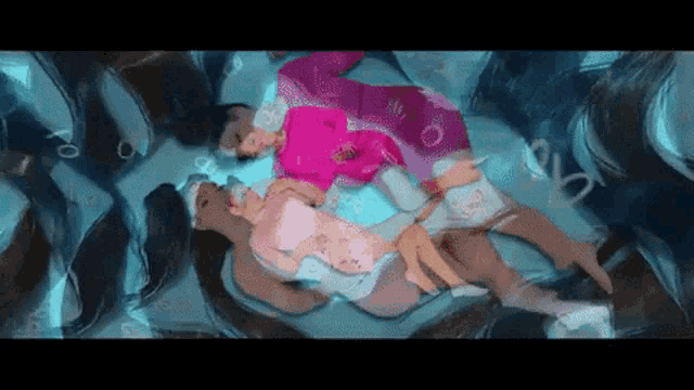 a painting of three people laying on a bed
