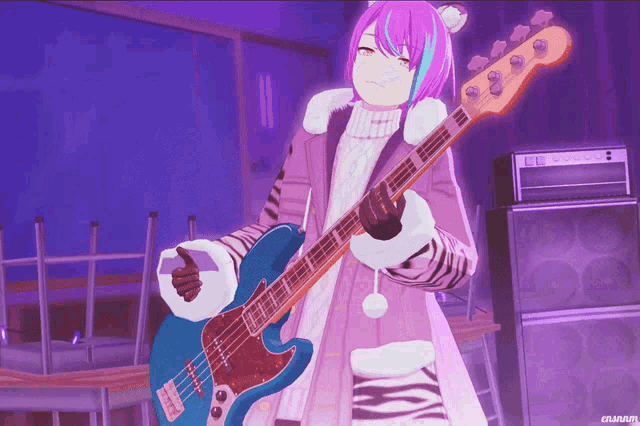 a girl with purple hair is holding a guitar in front of a purple amplifier