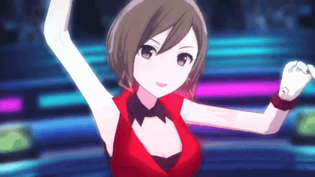 a girl in a red dress is dancing in a video game with her arms outstretched .