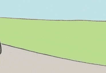 a cartoon of a man laying on the ground next to a bicycle and a speech bubble with a sad face .