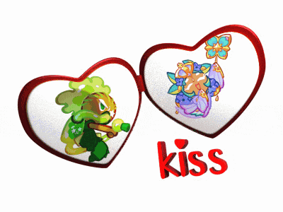 a couple of hearts with the word kiss in the middle