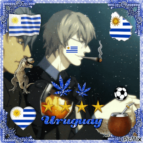 a man smoking a cigarette with the word uruguay on the bottom
