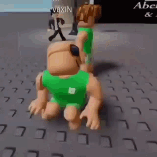 a couple of cartoon characters are standing on a brick floor .