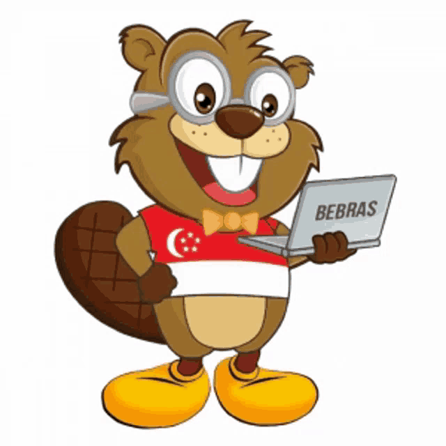 a cartoon beaver is holding a laptop that says bebras on it