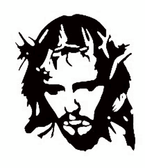 a black and white silhouette of jesus ' face with a crown of thorns .