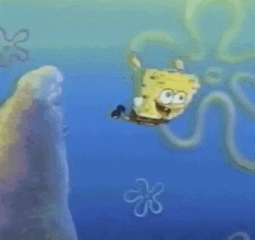 spongebob squarepants is swimming in the ocean with a jellyfish behind him .