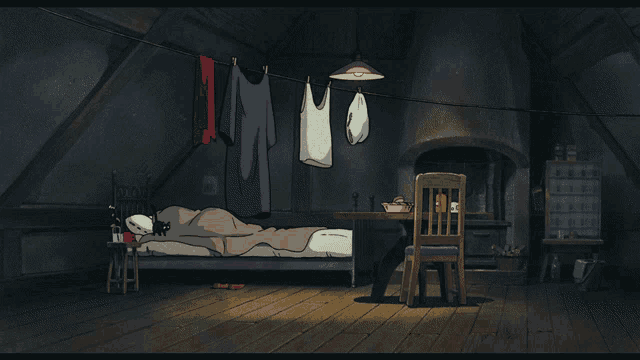 a cartoon drawing of a bedroom with clothes hanging on a clothesline