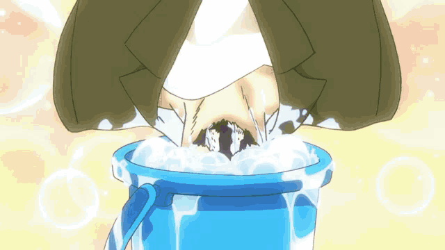a cartoon drawing of a person covered in water with a purple background