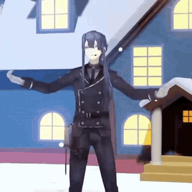 a man in a suit is standing in front of a blue house in the snow with his arms outstretched .