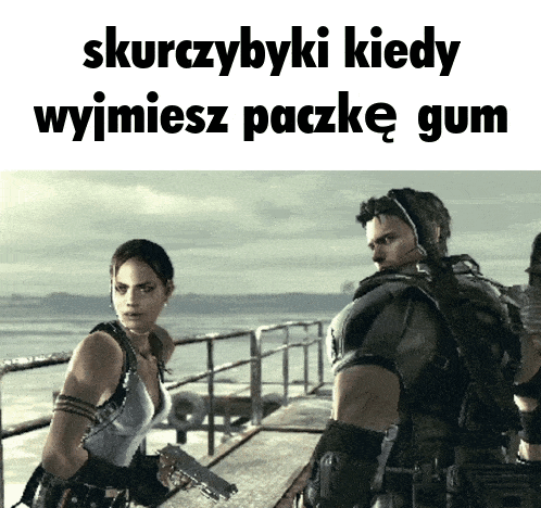 a man and a woman are standing next to each other with the words skurczybyki kiedy wyjmiesz paczke gum written above
