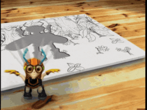 a cartoon character is standing in front of a drawing of flowers