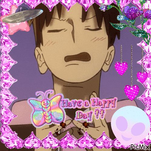 a picture of a man in a pink frame with the words have a happy day