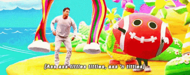 a man is standing next to a football mascot that says ass ass titties titties ass ' n titties .