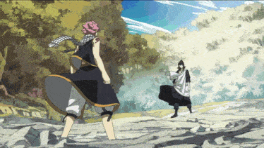 a couple of anime characters are standing on a rocky path