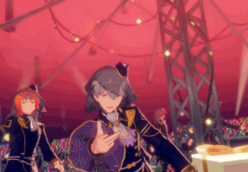 a group of anime characters are standing in front of a crowd and one is giving the middle finger