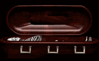 a skeleton is laying in a coffin with the letter u on the handle