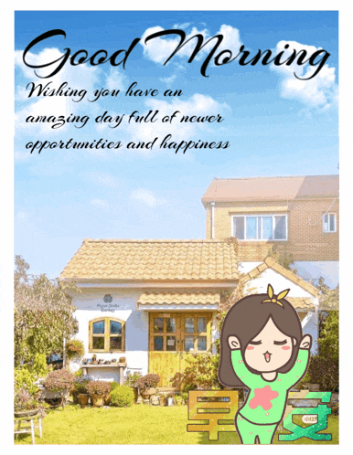 a picture of a house with the words " good morning wishing you have an amazing day full of newer opportunities and happiness "